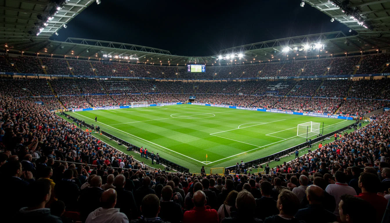 Estadio de la Premier League con ambiente nocturno y aficionados