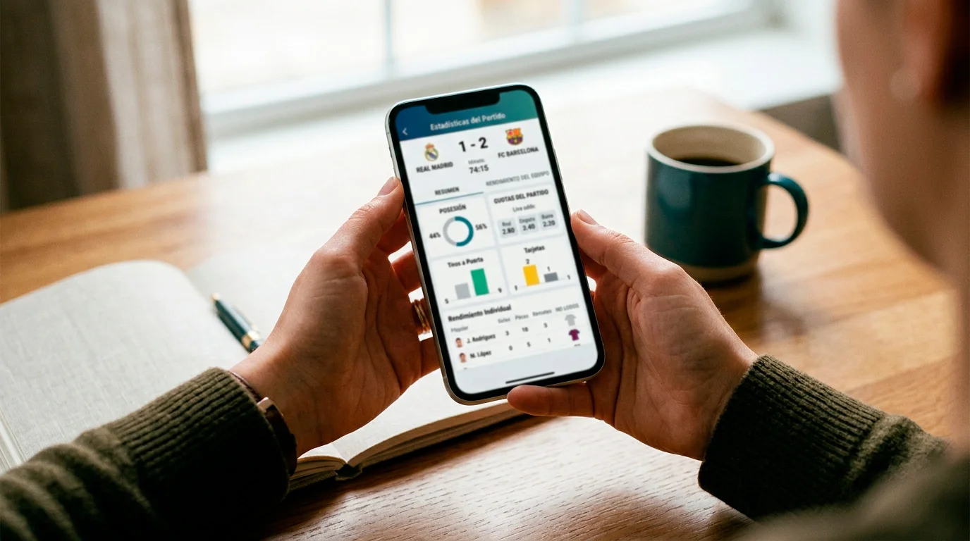 Persona analizando datos de apuestas en un móvil con app de operador DGOJ